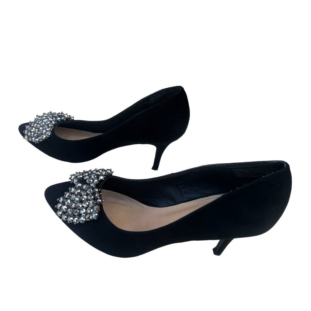 Just Fab Women’s 11 Faux Suede 3.25” Heels Metallic Bow Party Shoes